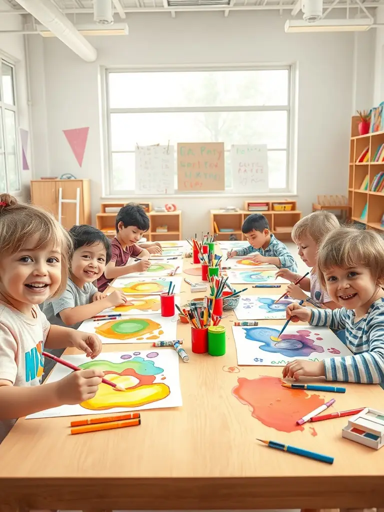 Children participating in an art workshop, painting and creating colorful artwork in a bright classroom.