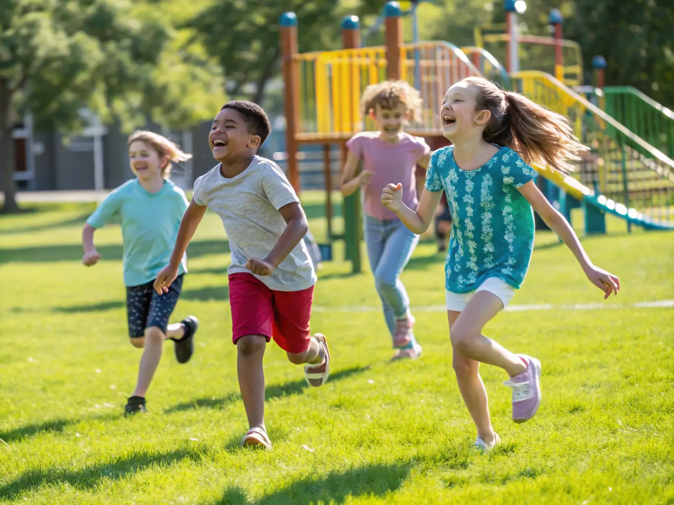 Primary school children playing outdoor sports and participating in group games on a sunny day, representing the recreational activities organized by CAEPC.