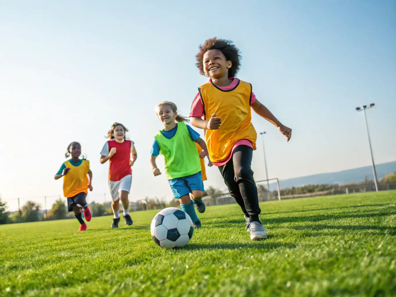 An energetic image of children playing various sports during a recreational activity session. The scene captures the joy of physical activity and teamwork in an outdoor setting.