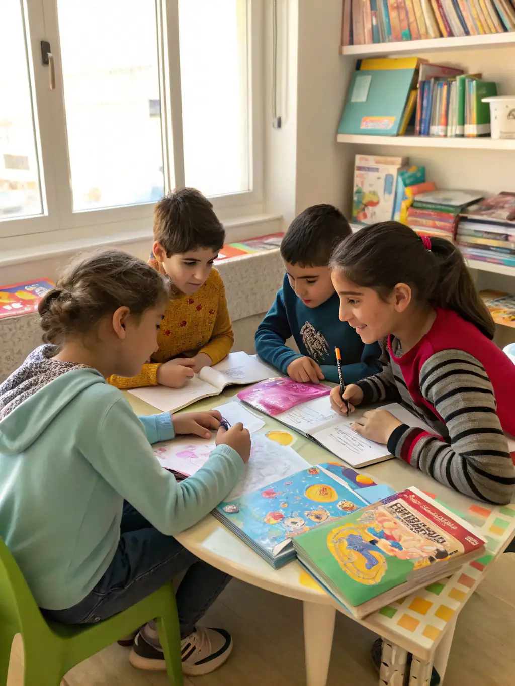 A group of children working together on a school project with a teacher guiding them.