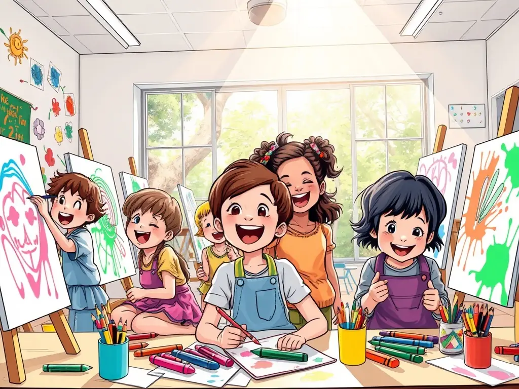 Children participating in an art workshop, painting and creating colorful artwork in a bright classroom, showcasing the cultural and artistic programs offered by CAEPC.