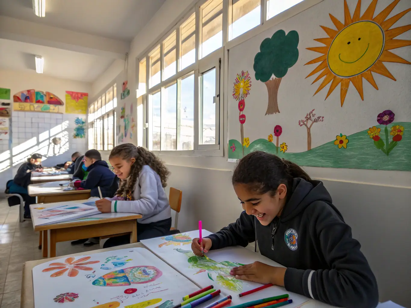 A vibrant image depicting children participating in a painting workshop, showcasing creativity and artistic expression. The setting is a brightly lit classroom with easels and colorful art supplies.