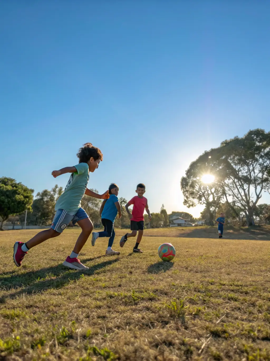Primary school children playing outdoor sports and participating in group games on a sunny day.