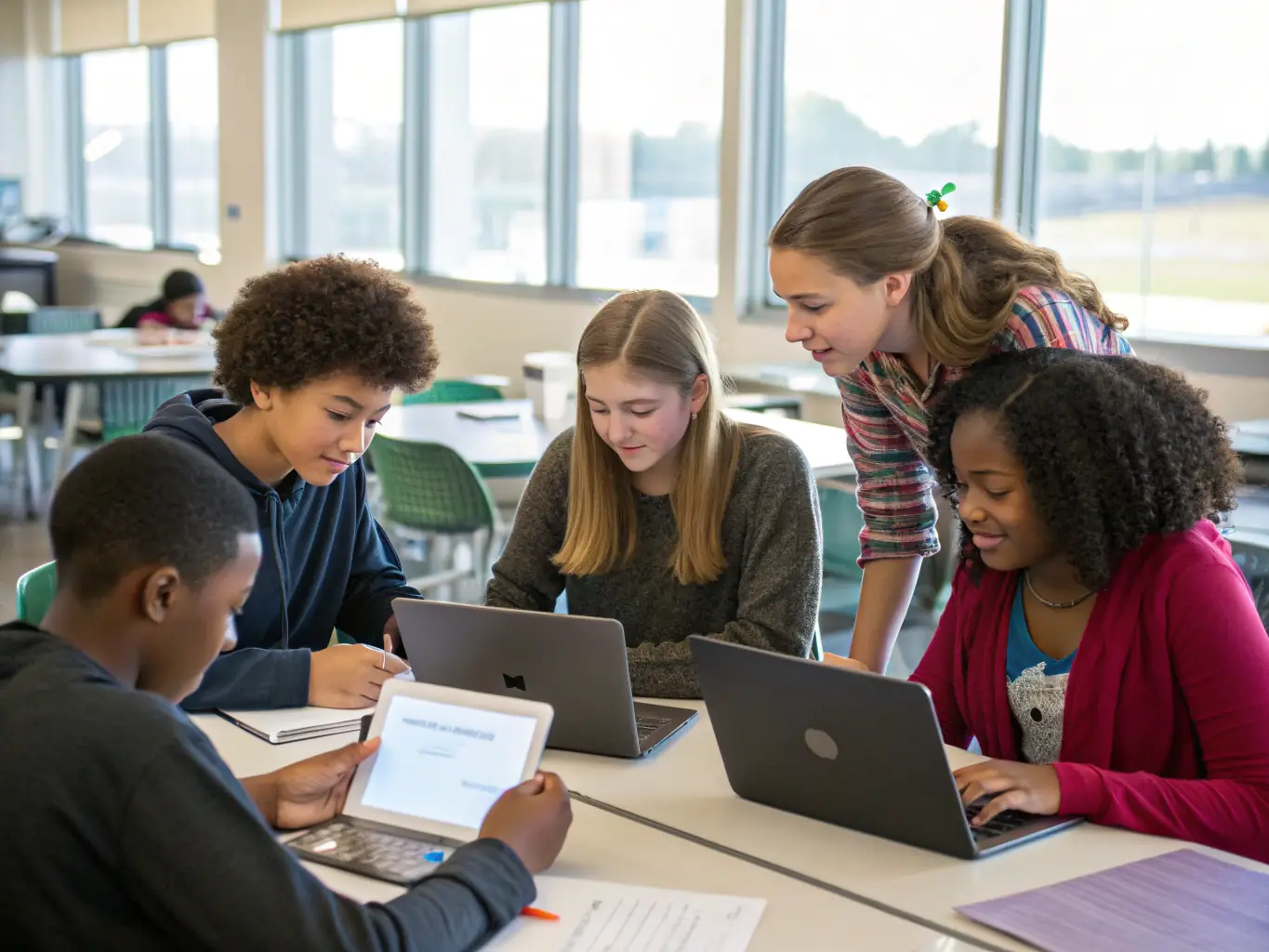 A group of children working together on a school project with a teacher guiding them, illustrating the educational support initiatives provided by CAEPC.
